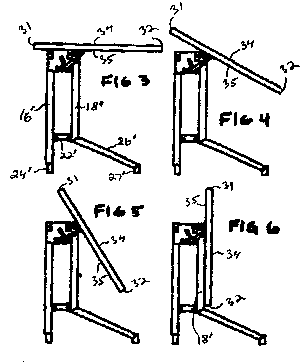 Nesting table with controlled pivoting movement