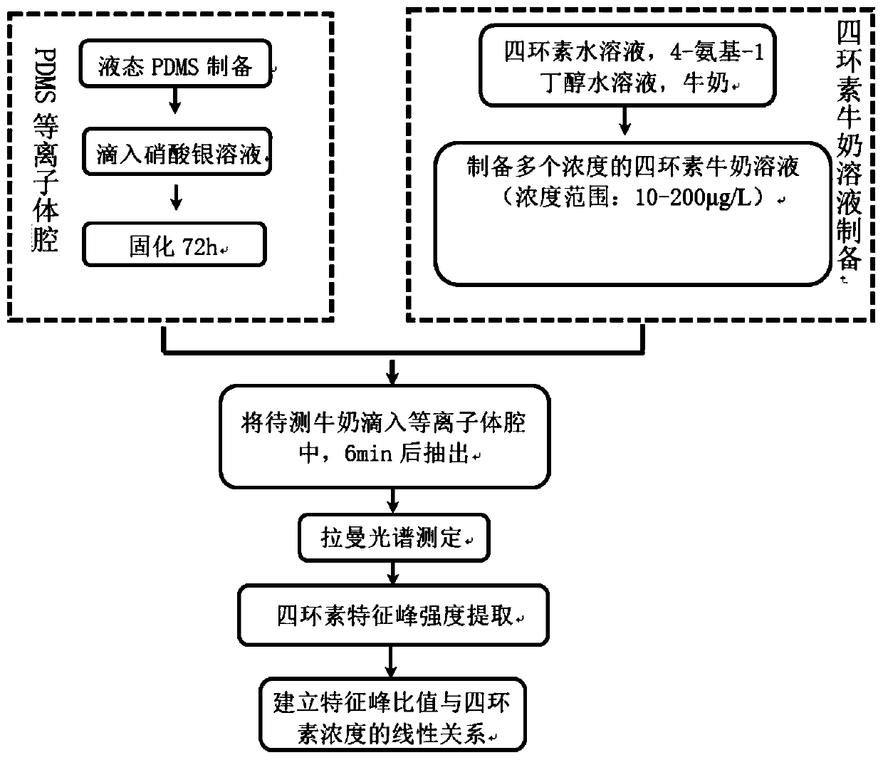 Method for detecting tetracycline in milk based on surface enhanced Raman technology