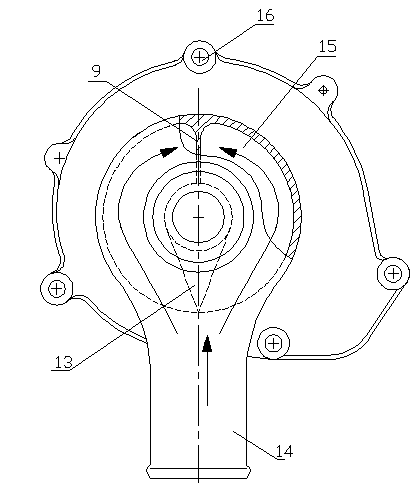 Cooling water pump provided with symmetrical semicircular inclined-plane water suction chambers