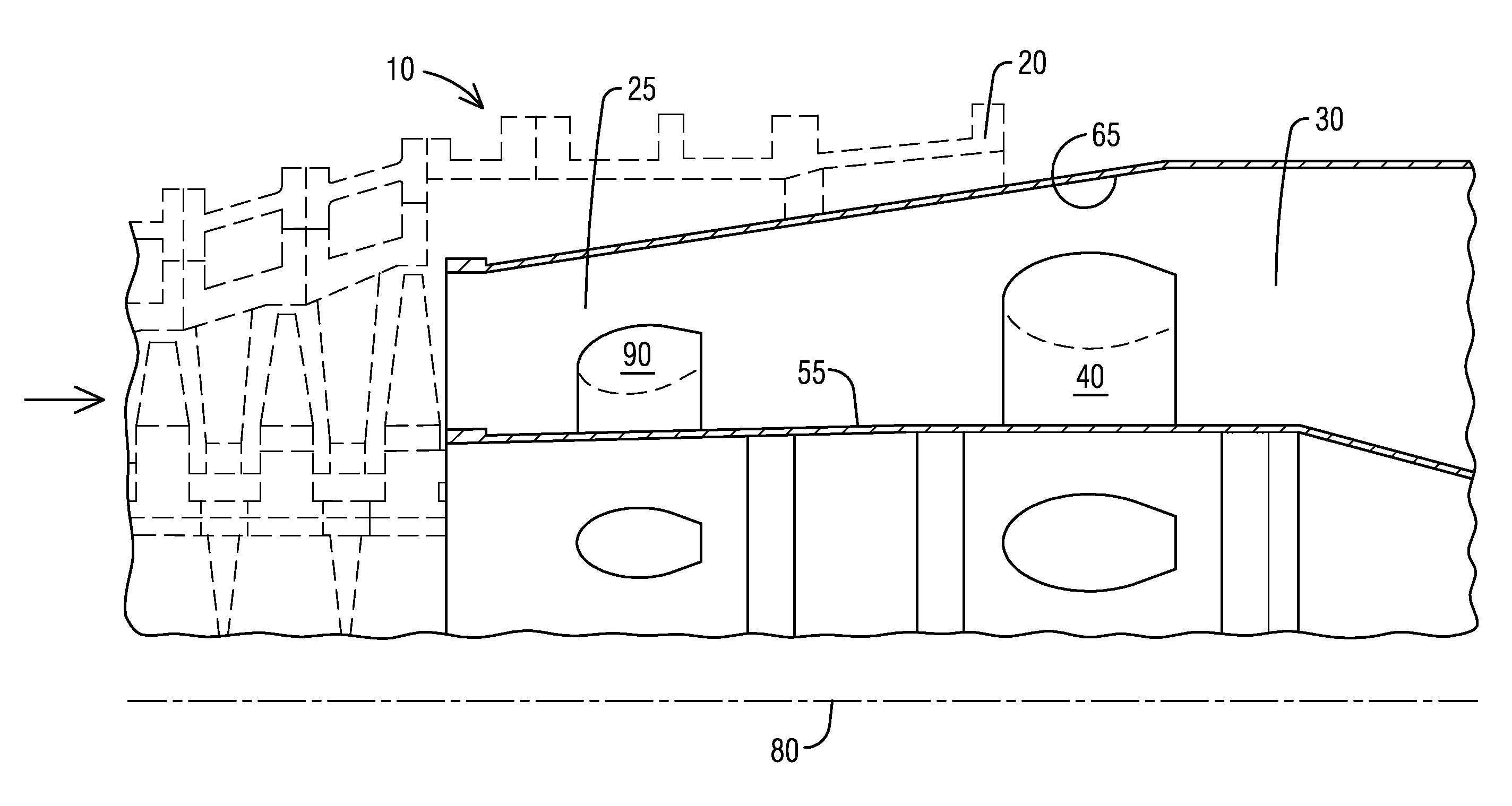 Turbine exhaust cylinder strut strip for shock induced oscillation control