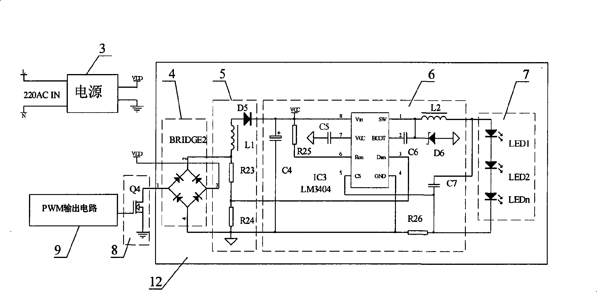 Two-wire system light-adjustable LED controller