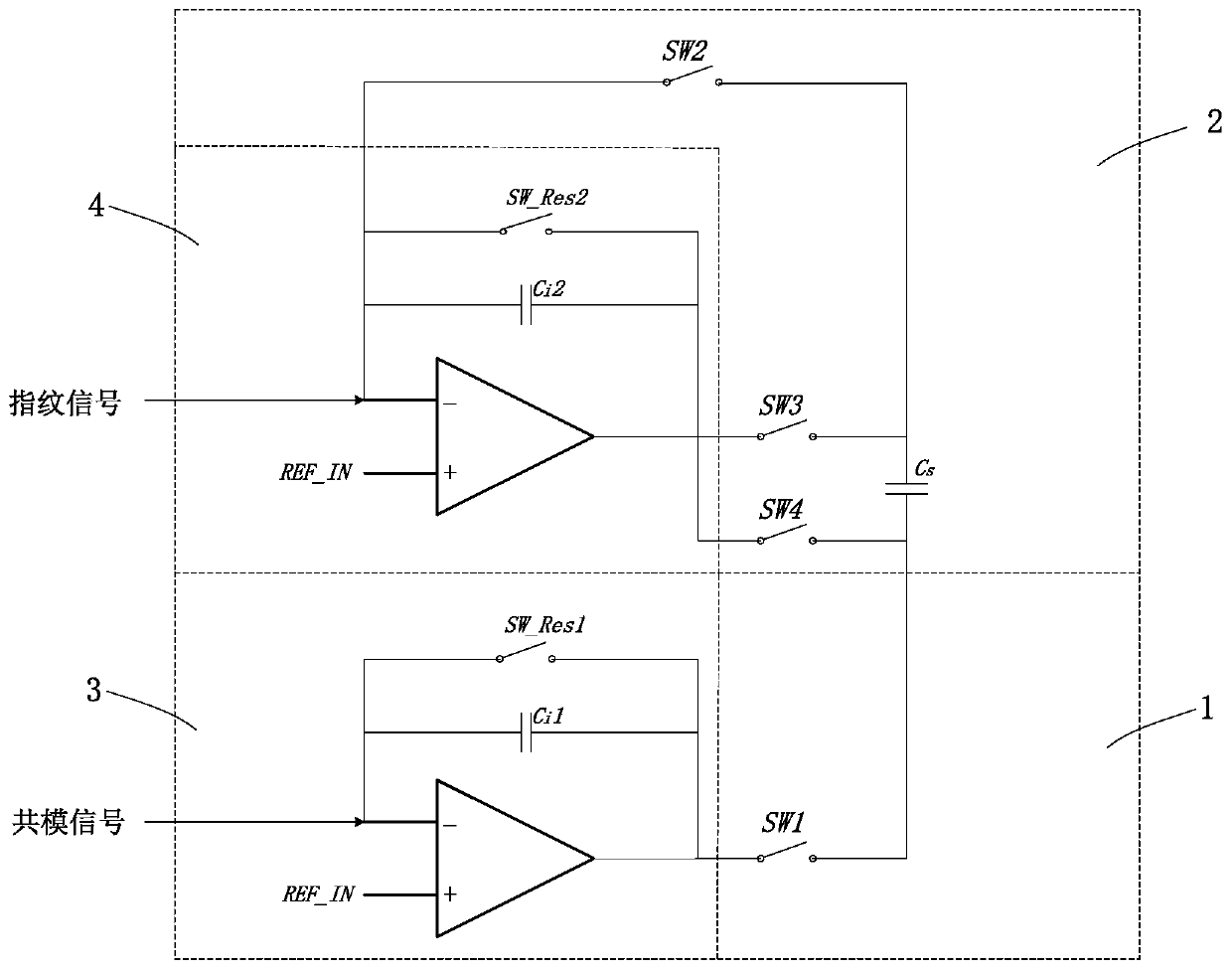 A differential acquisition and amplification circuit for capacitive fingerprint signals and its working method