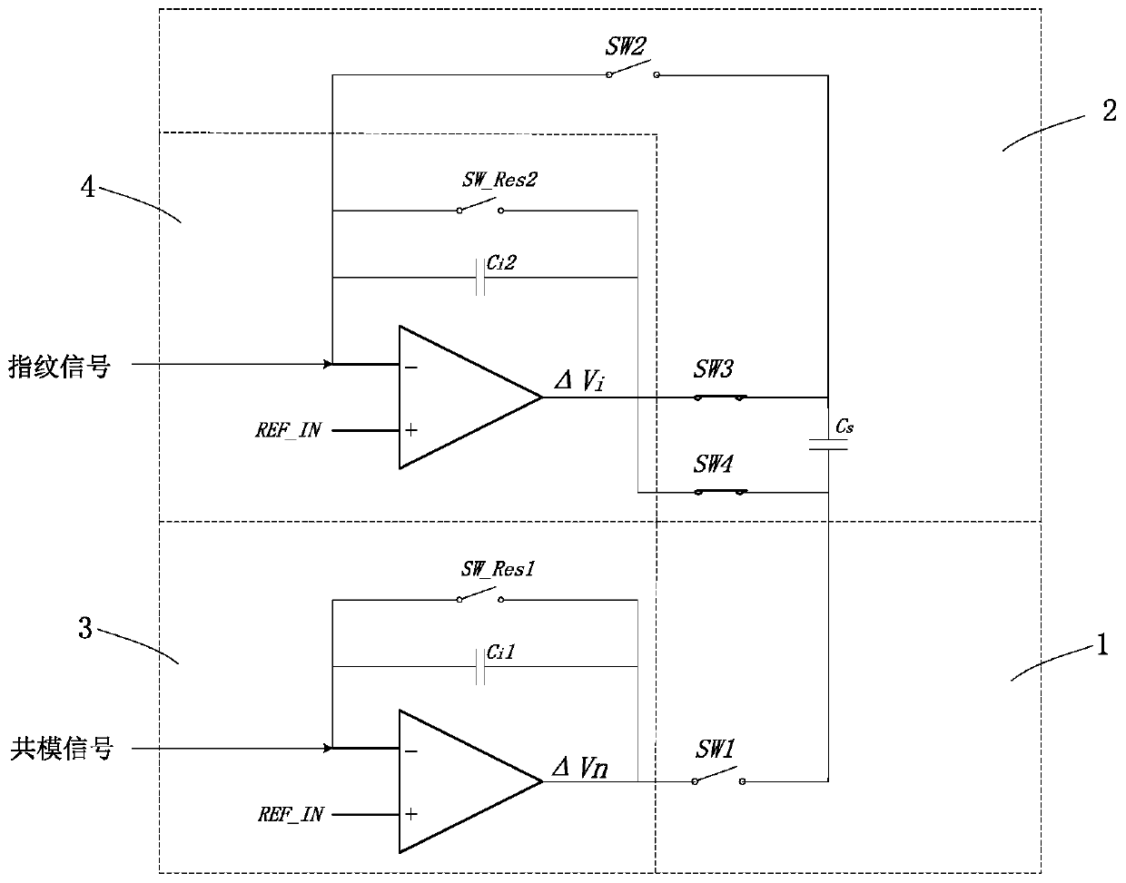 A differential acquisition and amplification circuit for capacitive fingerprint signals and its working method