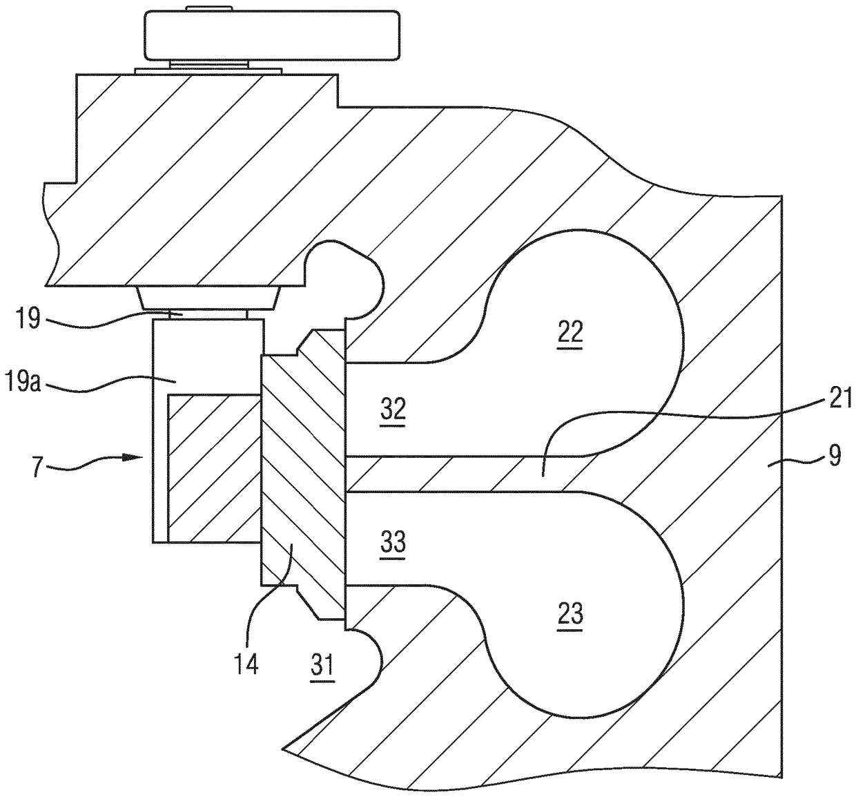 Turbine for an exhaust turbocharger having a dual branch turbine housing and valve arrangement for branch connection and waste gate control