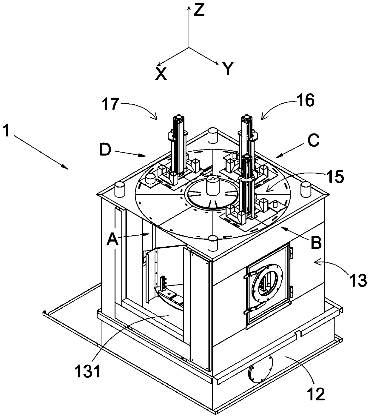 A four-station turntable spray cleaning machine