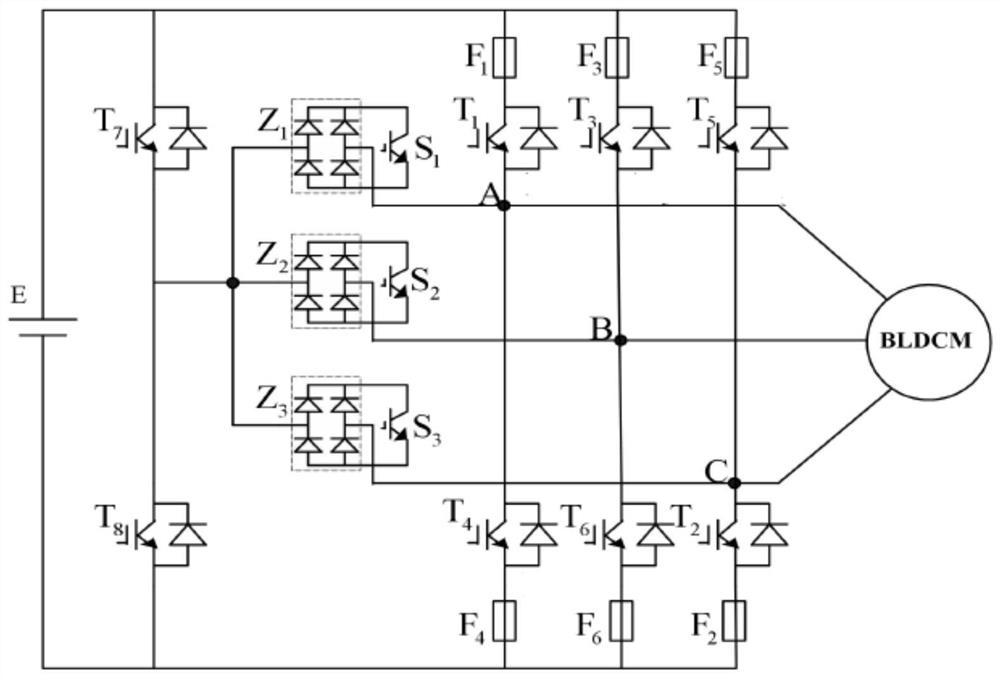 Four-bridge-arm fault-tolerant system of brushless direct current motor inverter and control method thereof