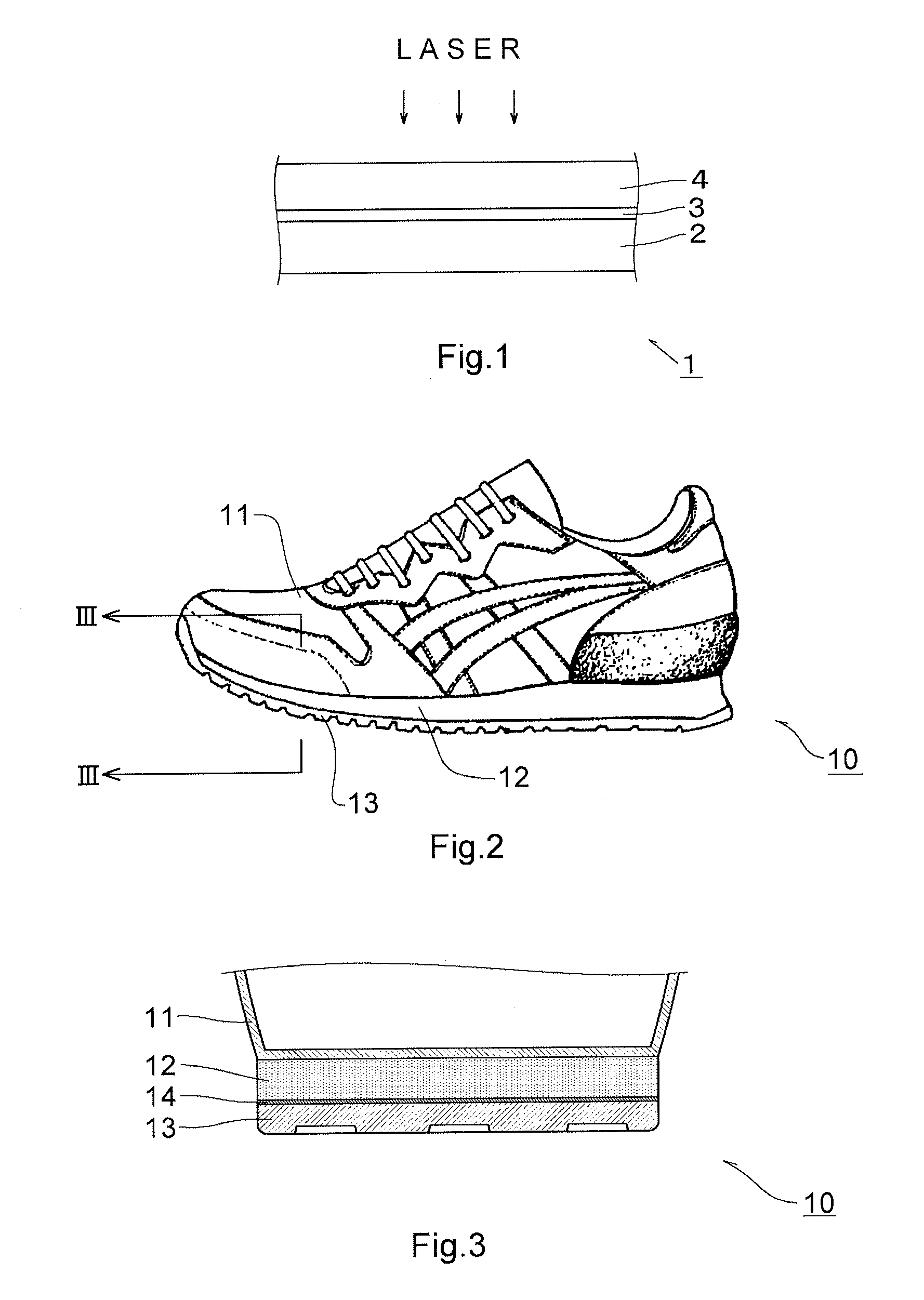 Layered product for laser bonding, shoe, and process for producing shoe