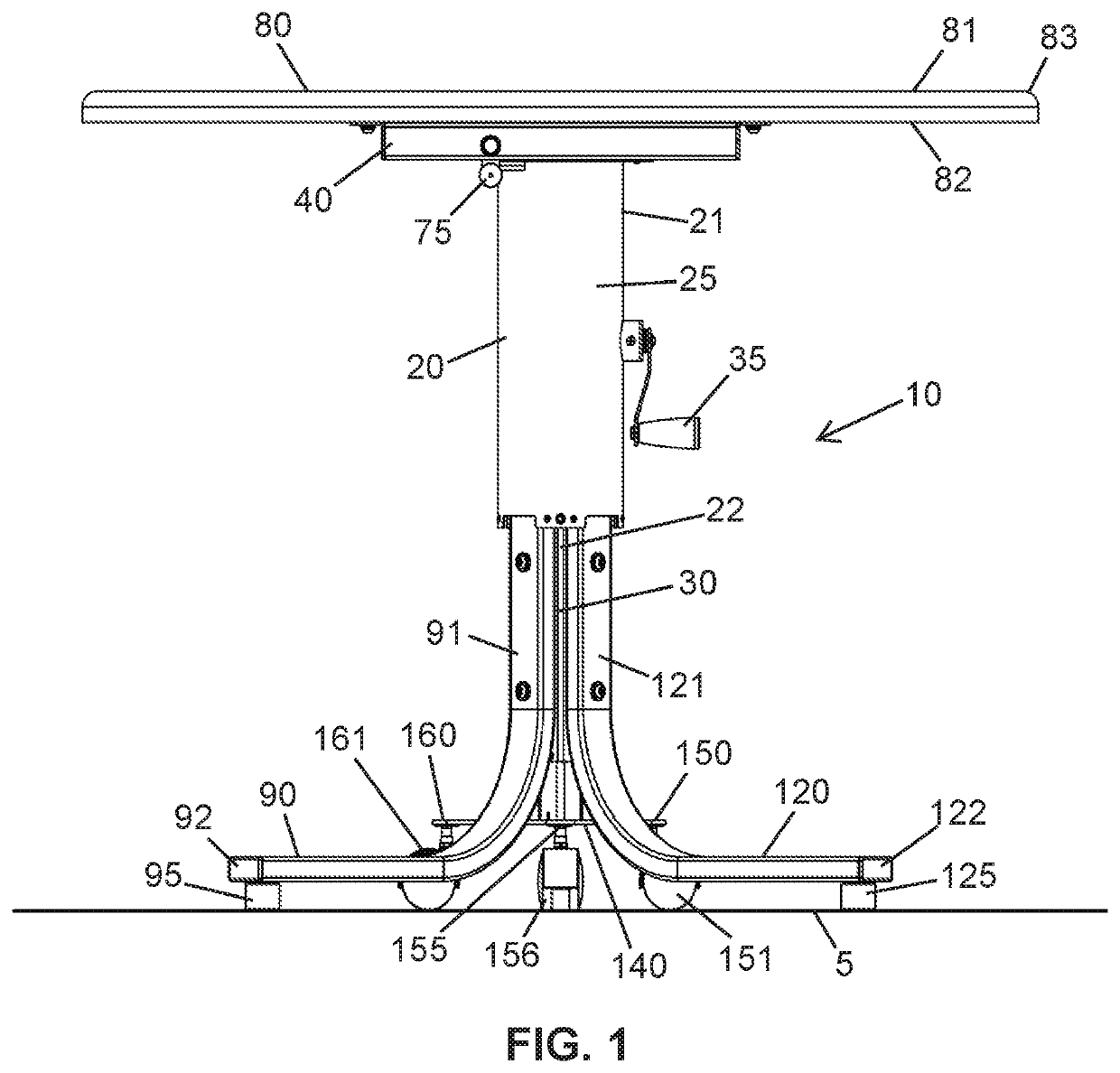 Adjustable height table base with transport mechanism