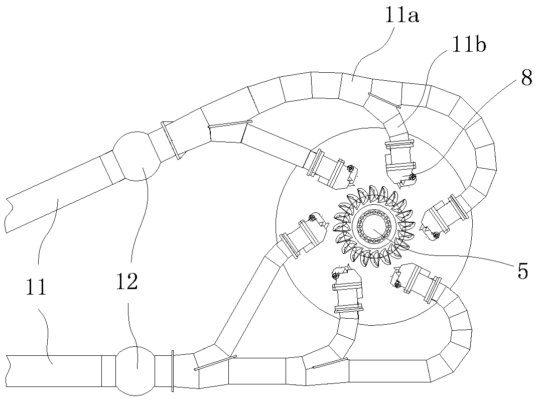 Supercharged water turbine set with multiple rotating wheels