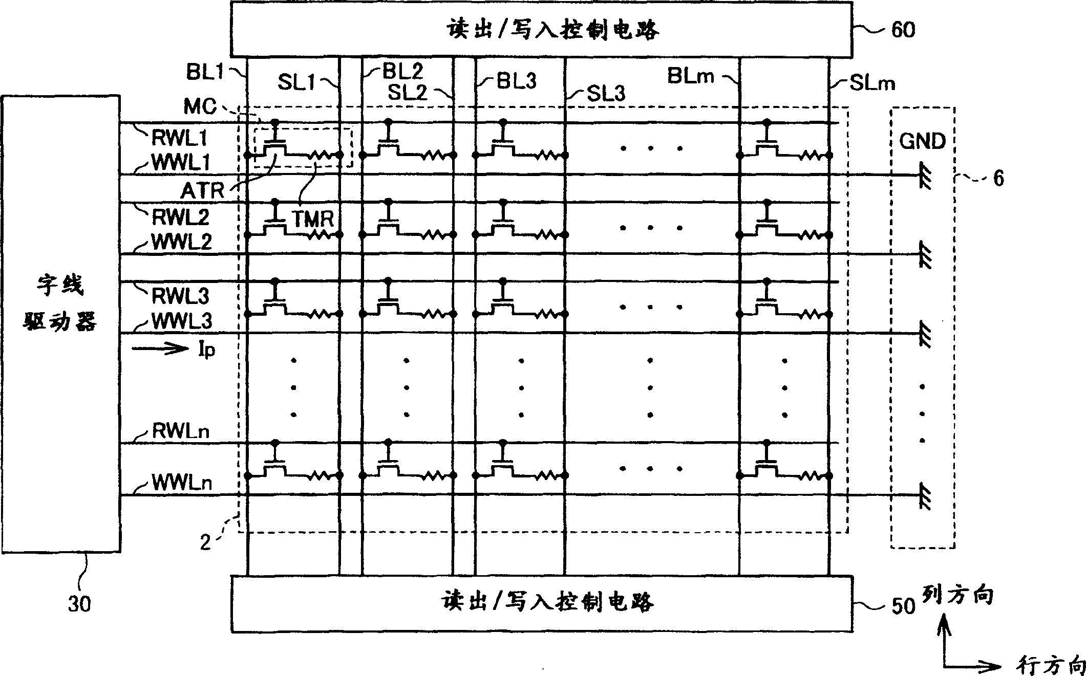 Film magnetic storage device with data write-in by applying magnetic field