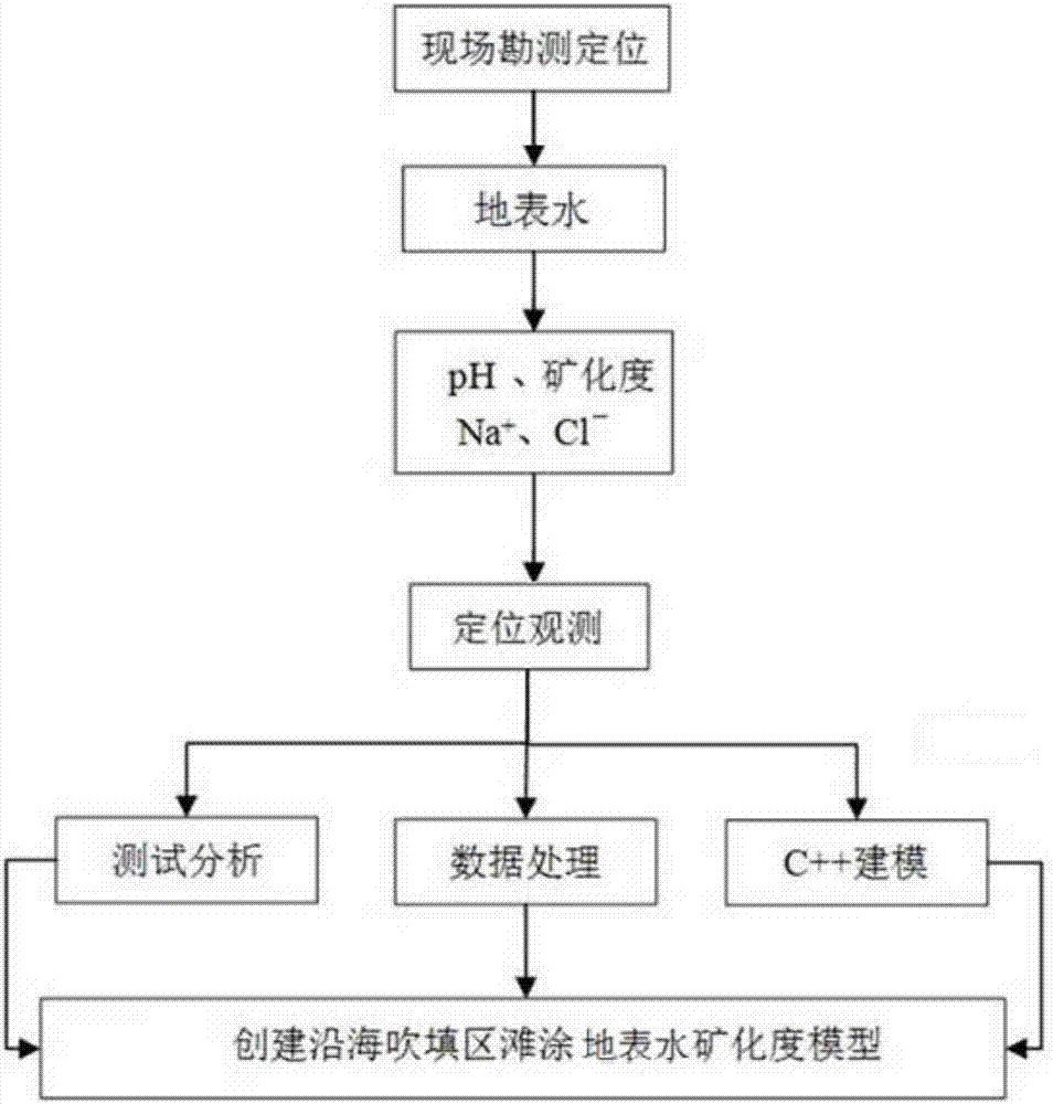 Method for fast obtaining mineralization degree, Na&lt;+&gt; and Cl&lt;-&gt; in coastal reclamation area mudflat surface water