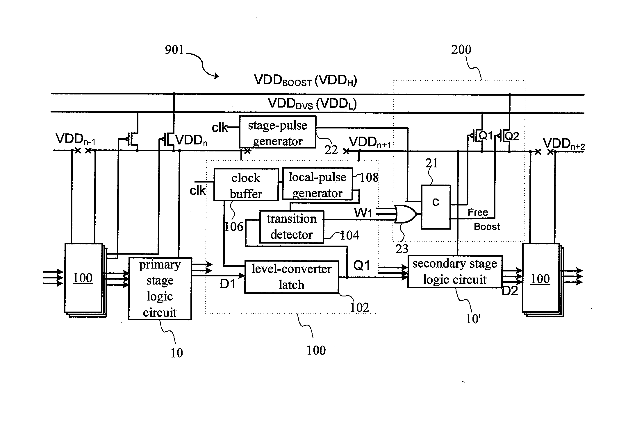 Dynamic voltage scaling system having time borrowing and local boosting capability