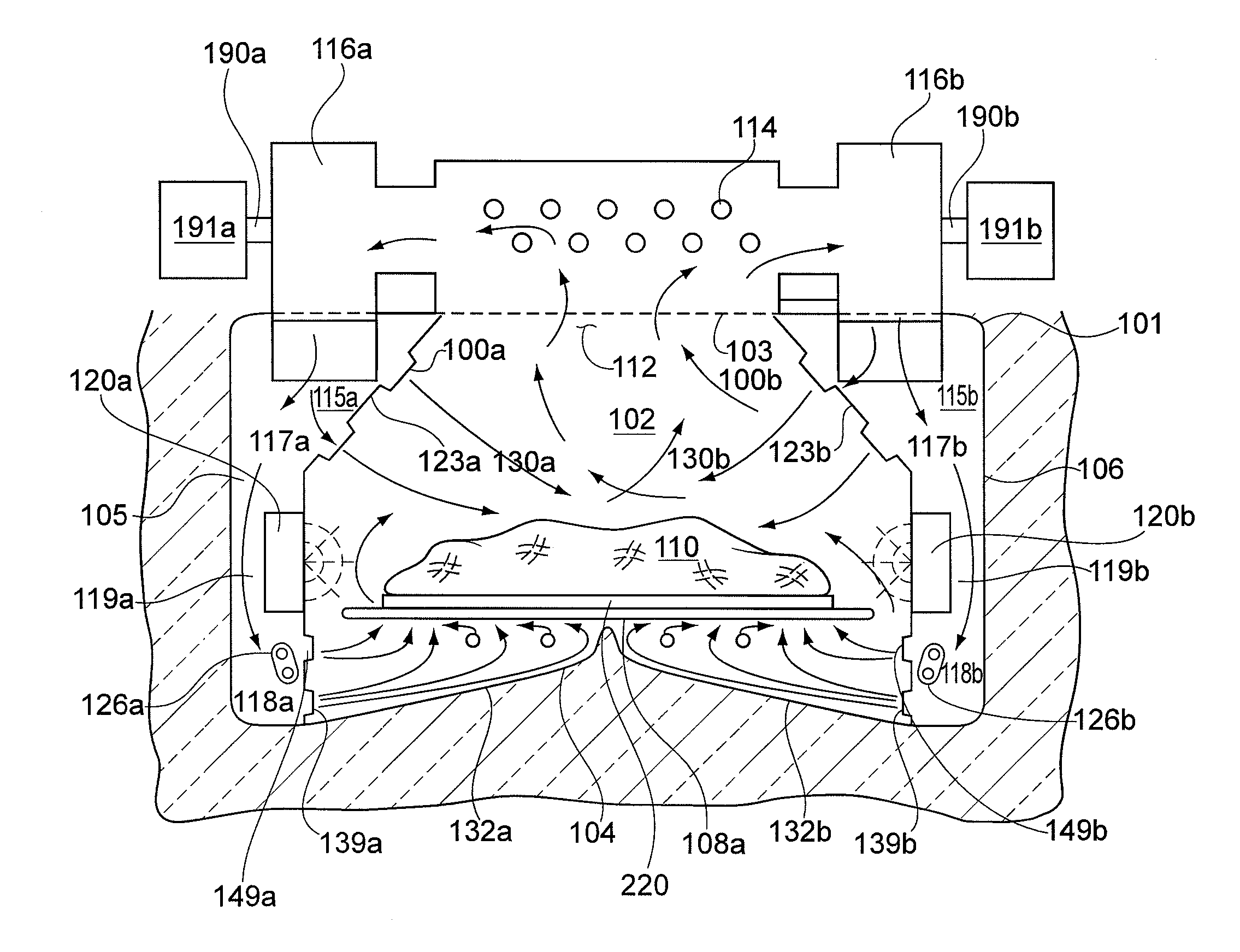 Speed cooking oven with sloped oven floor and reversing gas flow