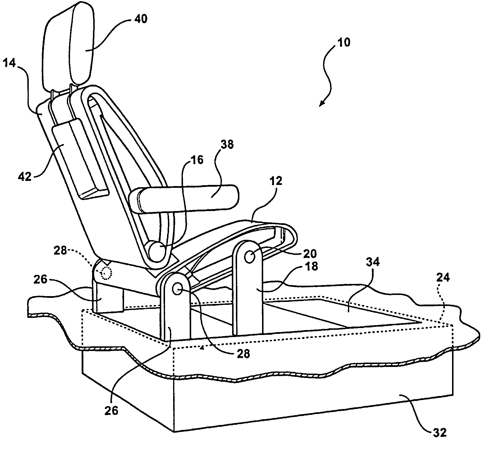 Fold flat stow in floor seat assembly with collapsible bolsters