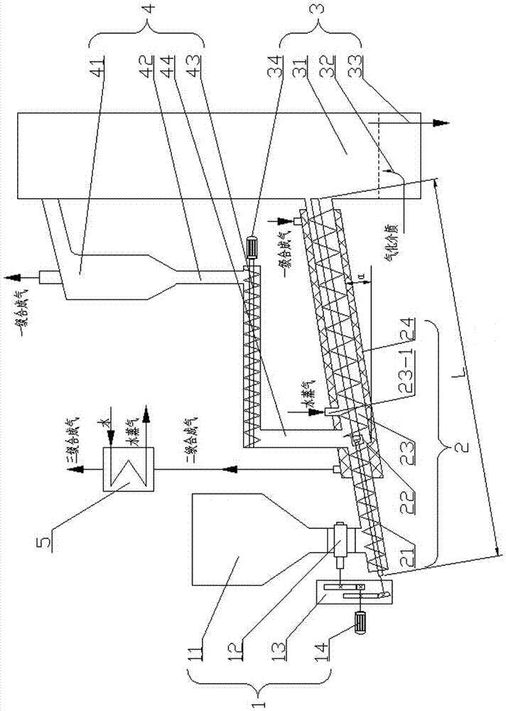 Low-rank fuel low-temperature gasification device based on screw pyrolyzers and fluidized bed gasifier