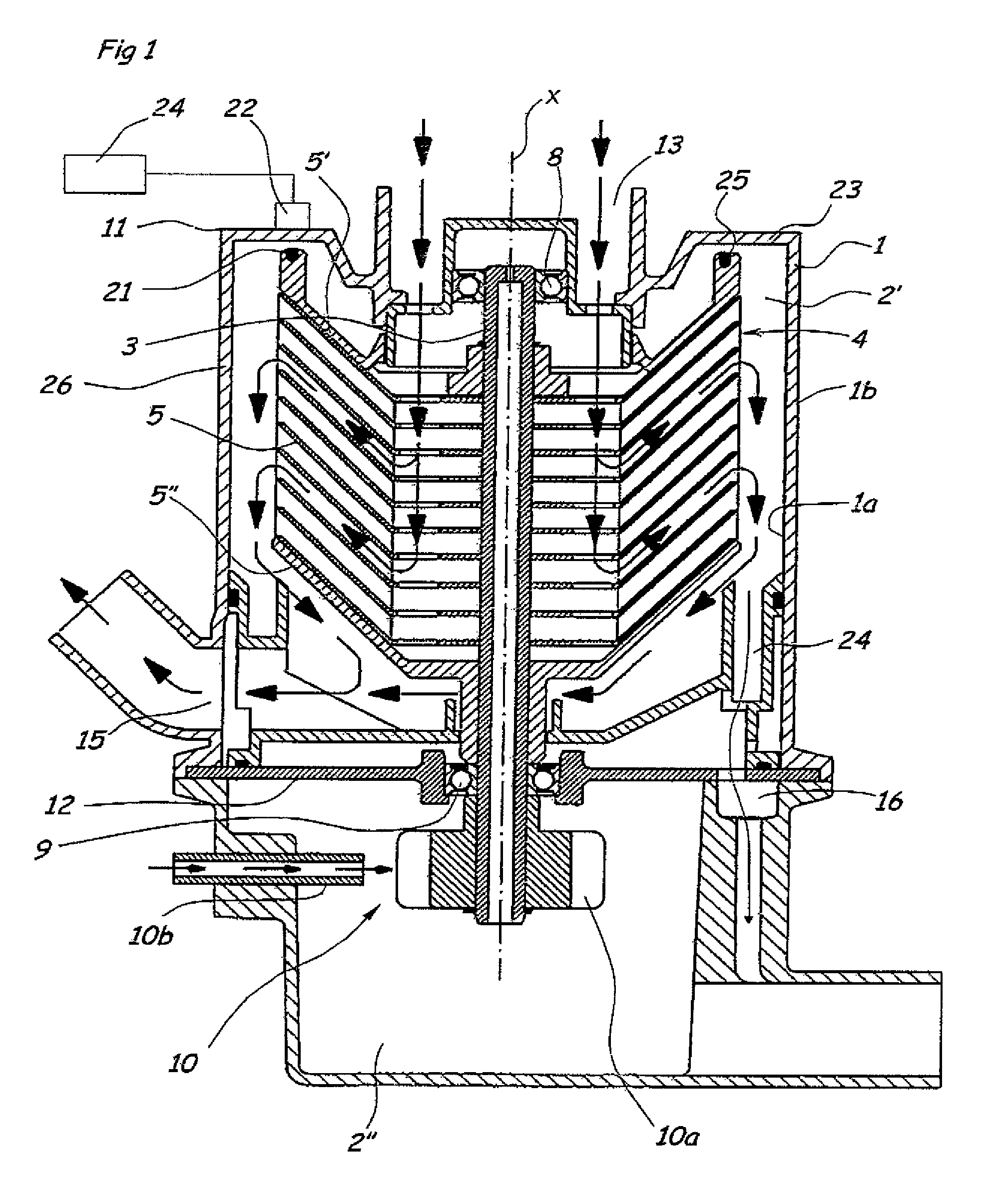 Centrifugal separator for cleaning of gas