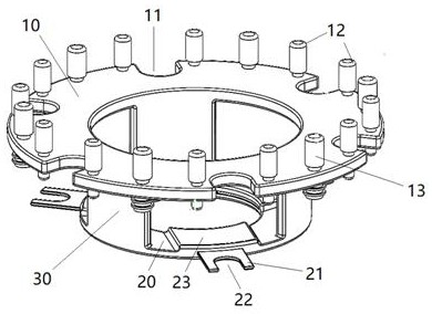 Tool for combining reverse-inclination resin sand mold core and combining and assembling method of tool