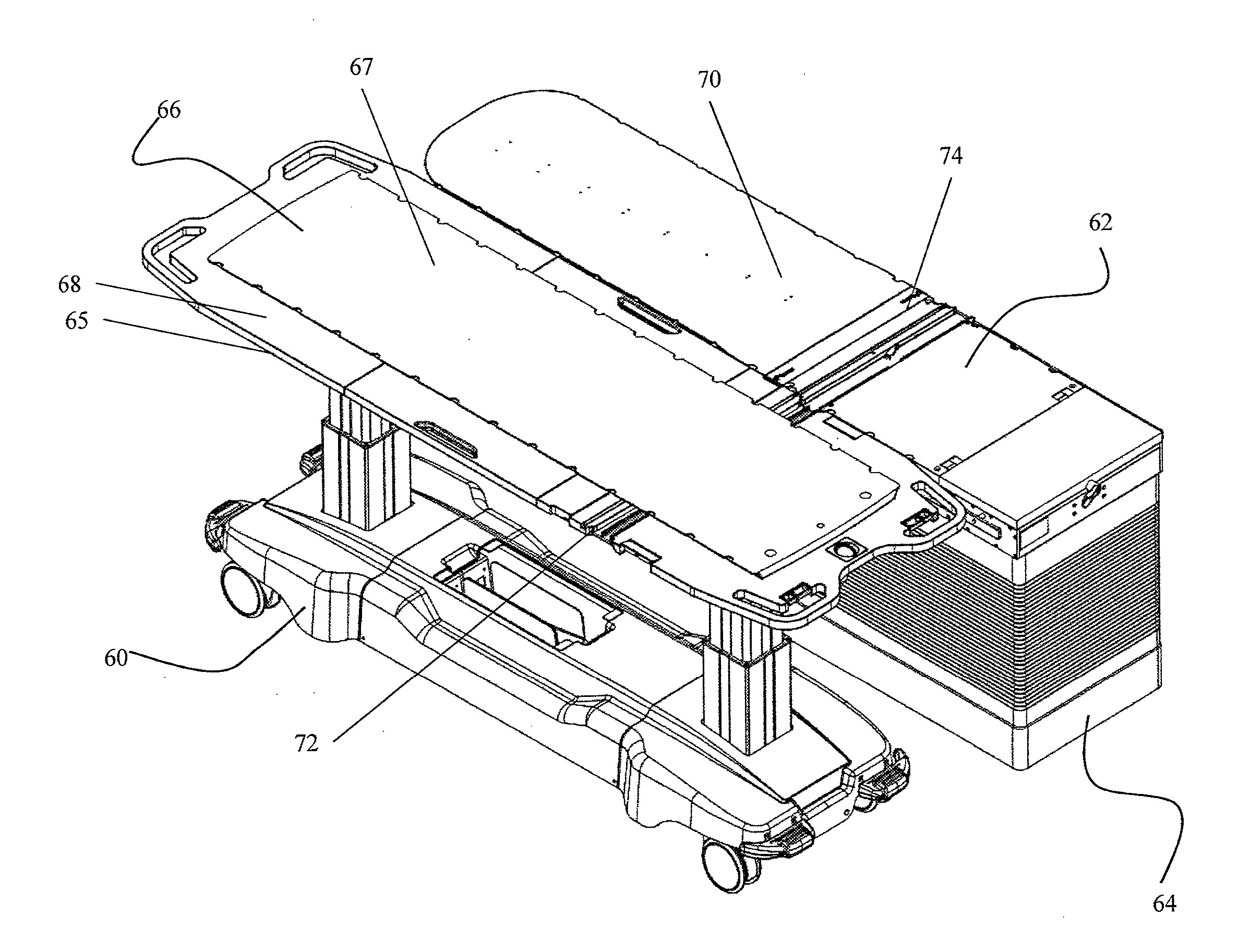 Method and device for transporting patients between target modalities using rollers