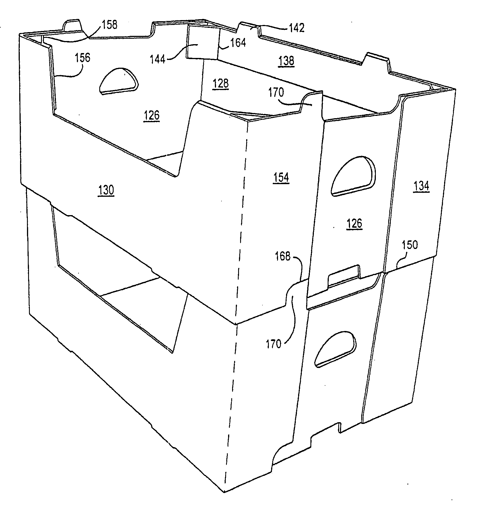 Containers with tapered sidewalls and stacking tabs