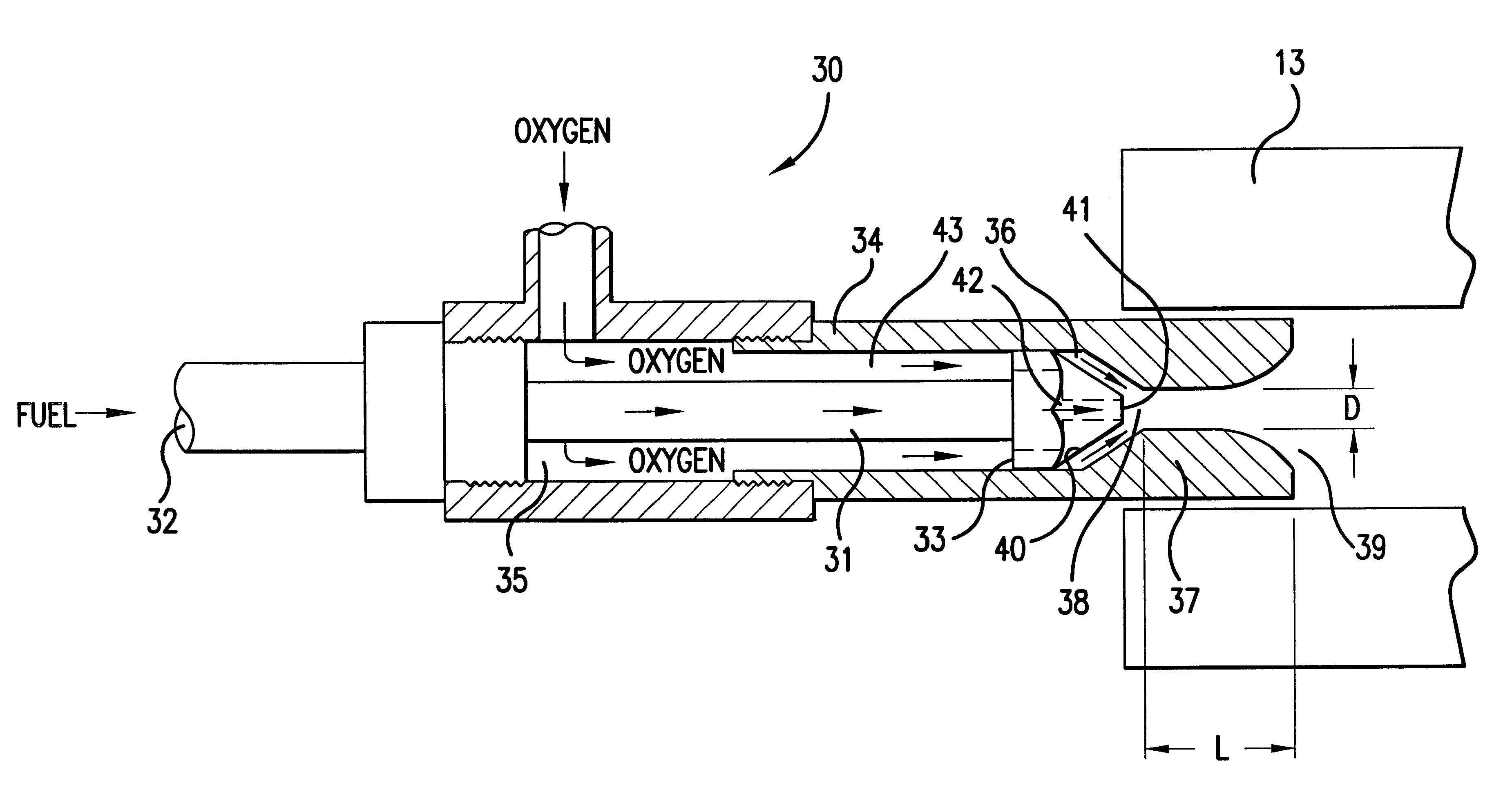 Oxygen-gaseous forehearth burner for air-fuel and oxy-fuel forehearth burner block geometries