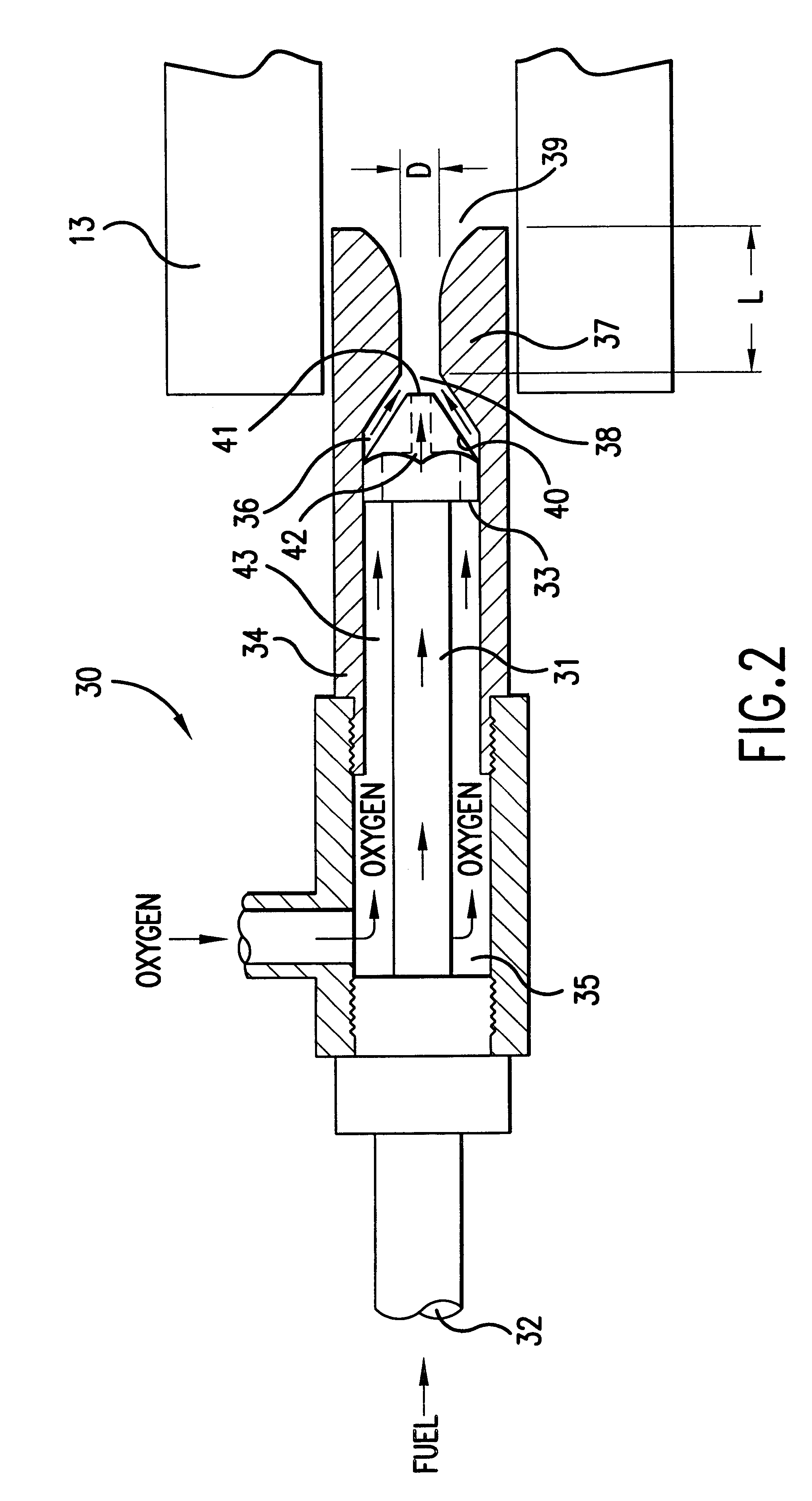 Oxygen-gaseous forehearth burner for air-fuel and oxy-fuel forehearth burner block geometries