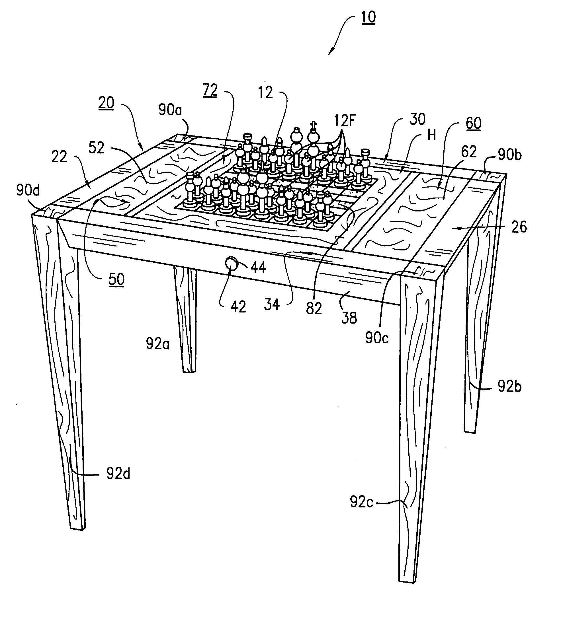 Game table having a pivoting table section for chess and backgammon and having storage compartments therein