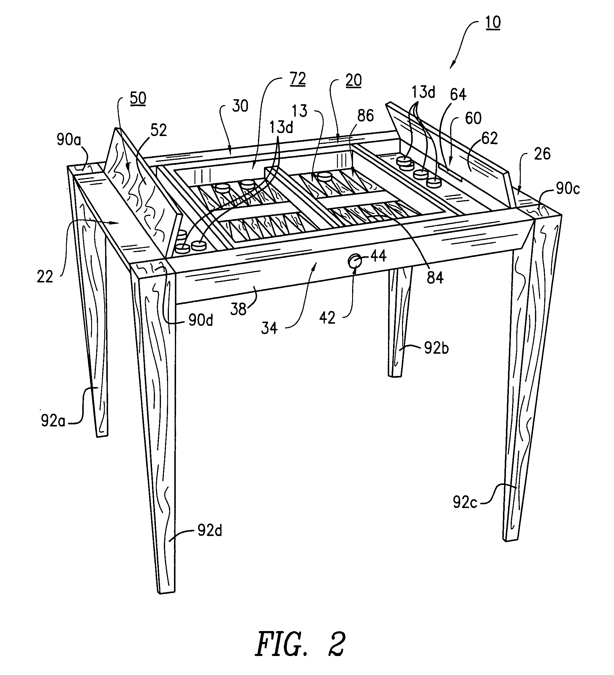 Game table having a pivoting table section for chess and backgammon and having storage compartments therein