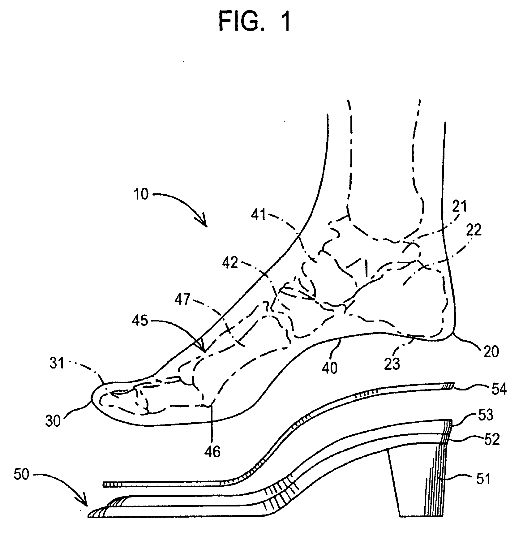 Device for high-heeled shoes and method of constructing a high-heeled shoe