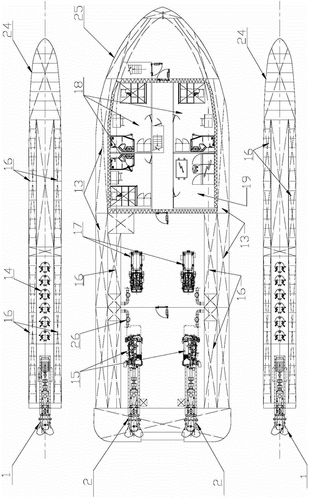 Double-draft three-body scientific research ship