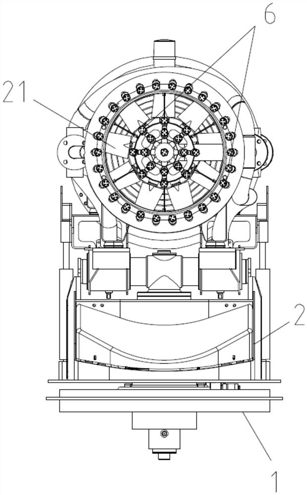 Swing mechanism, axial-flow type turbofan monitor and fire extinguishing system