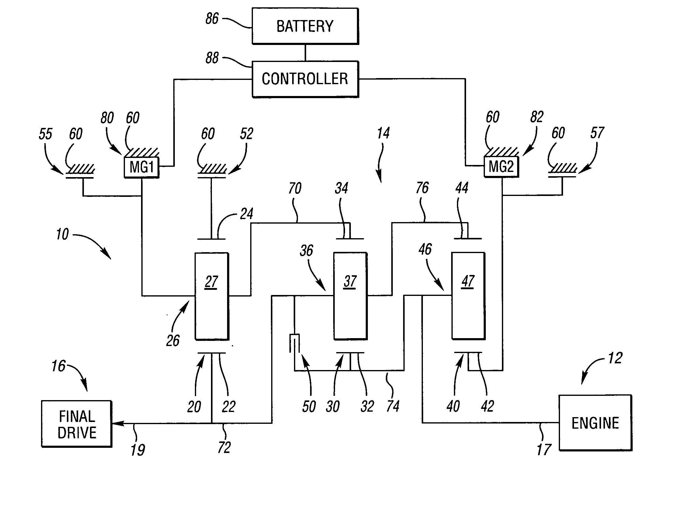 Electrically variable transmission having three planetary gearsets and four fixed interconnections