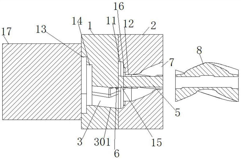 Extrusion device and extrusion method for hollow helicoid rotor profile with internal key groove