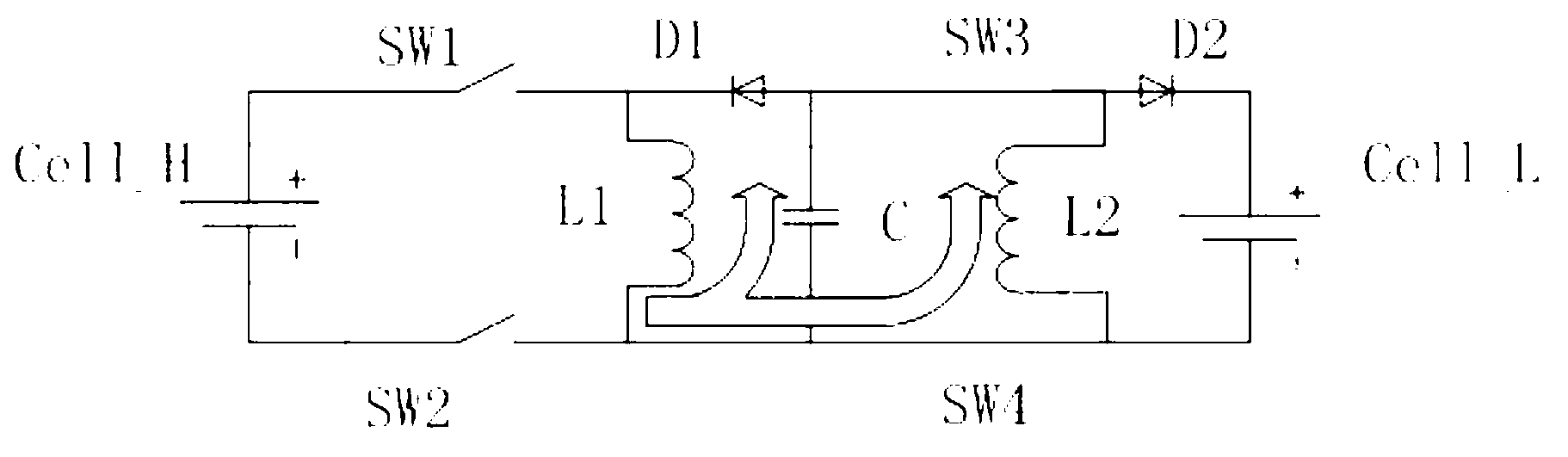 Active balancing circuit of power Li-ion battery module and balancing method thereof