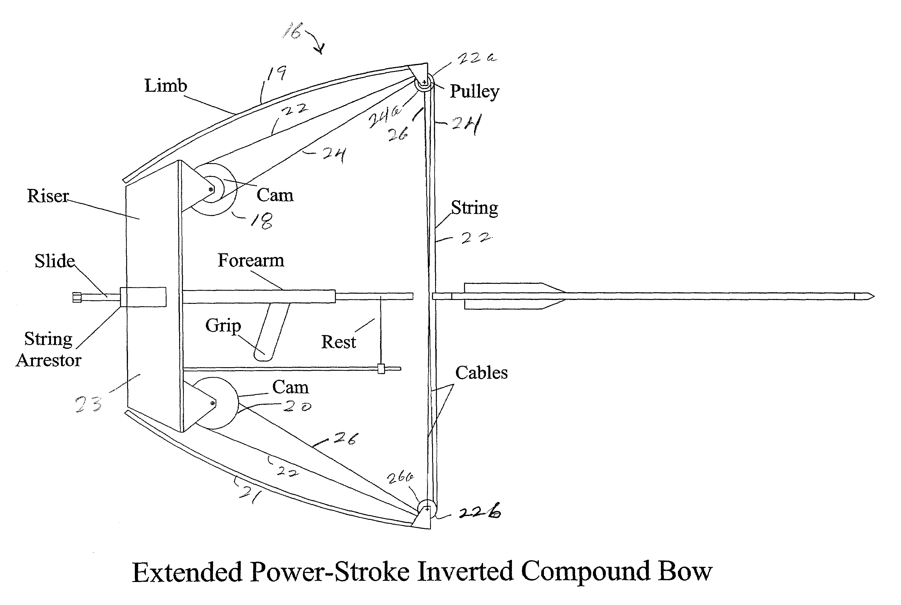 Compound archery bow with extended inverted stroke