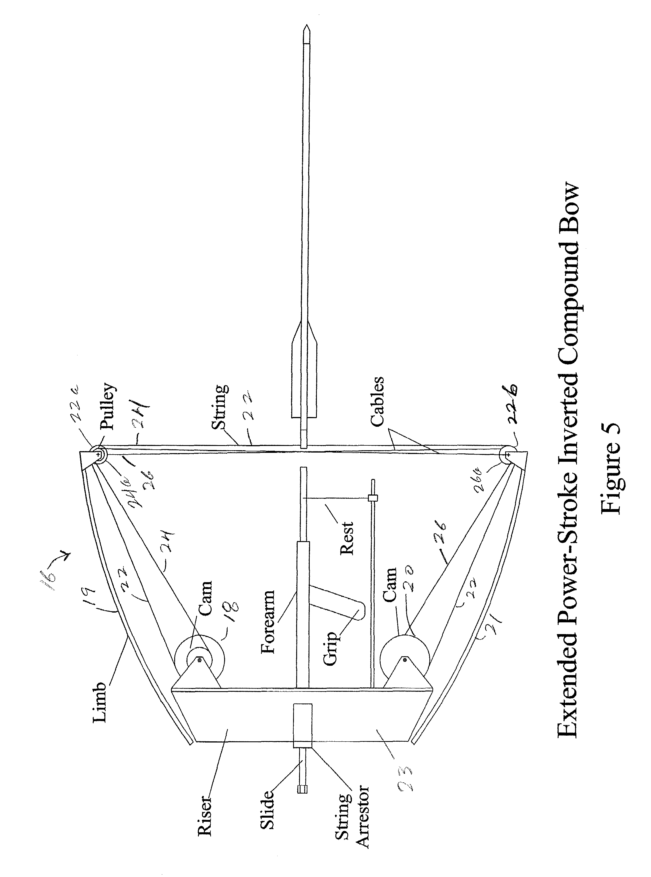 Compound archery bow with extended inverted stroke