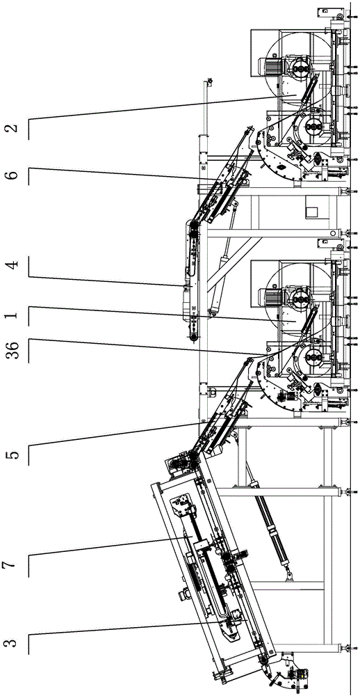 Front-back double-station belted-layer wire cord fabric reeling machine achieving automatic dragging and cutting