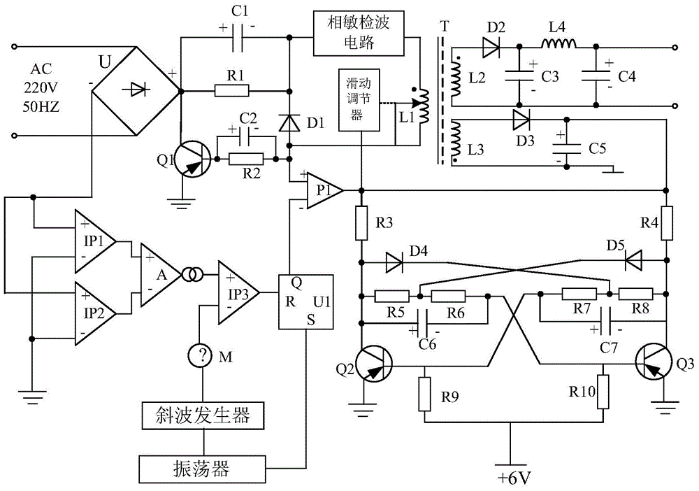 Nonlinear negative feedback LED (light emitting diode) switch voltage stabilizing power supply based on phase-sensitive wave detection circuit