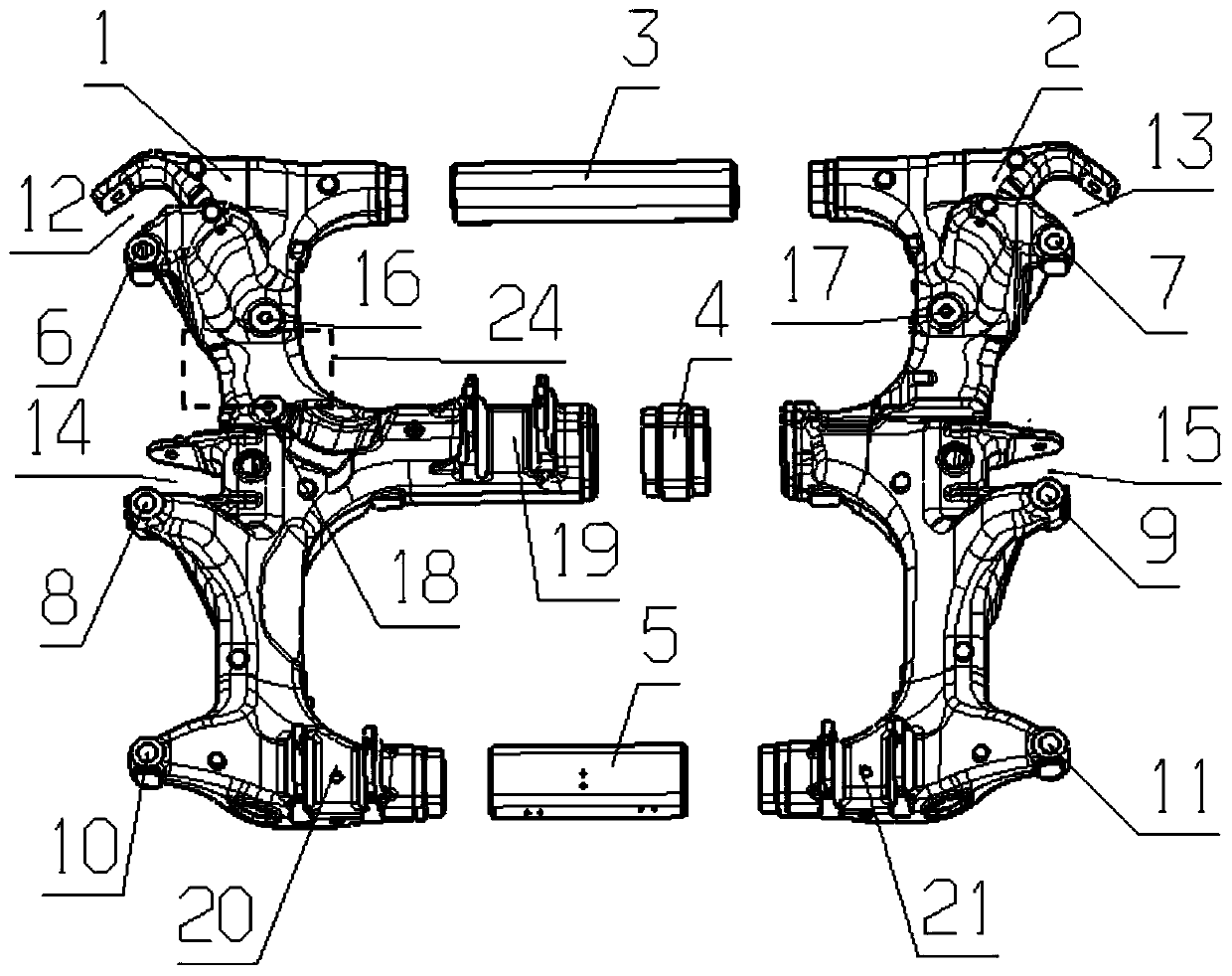 Auxiliary frame obtaining through welding hollow cast aluminum and aluminum profiles