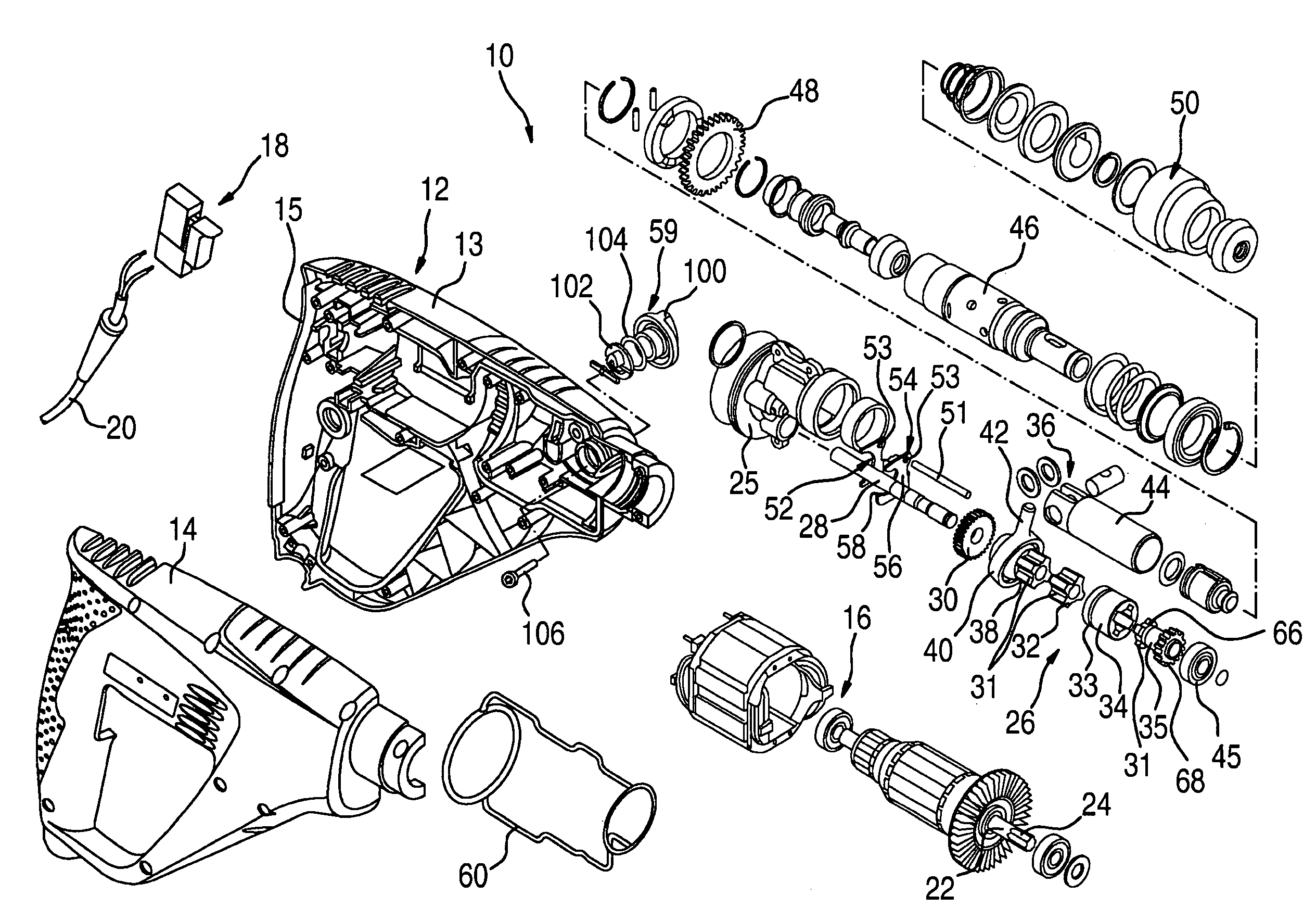 Portable power drill with gearbox