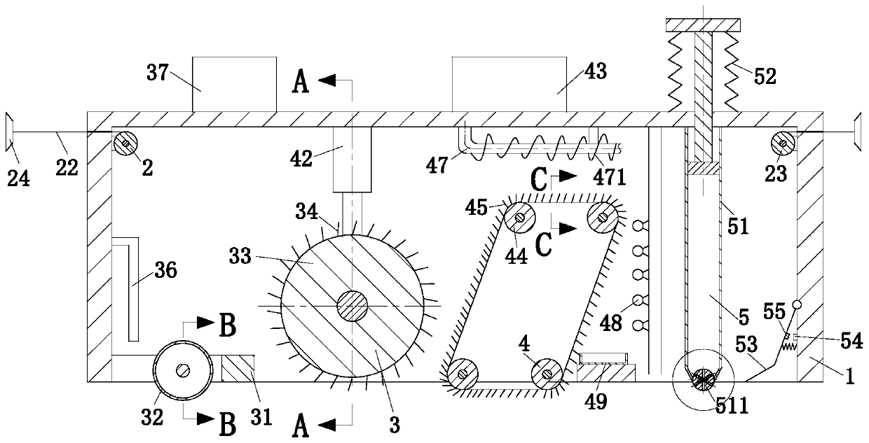 A floor tile caulking device with automatic gap cleaning function