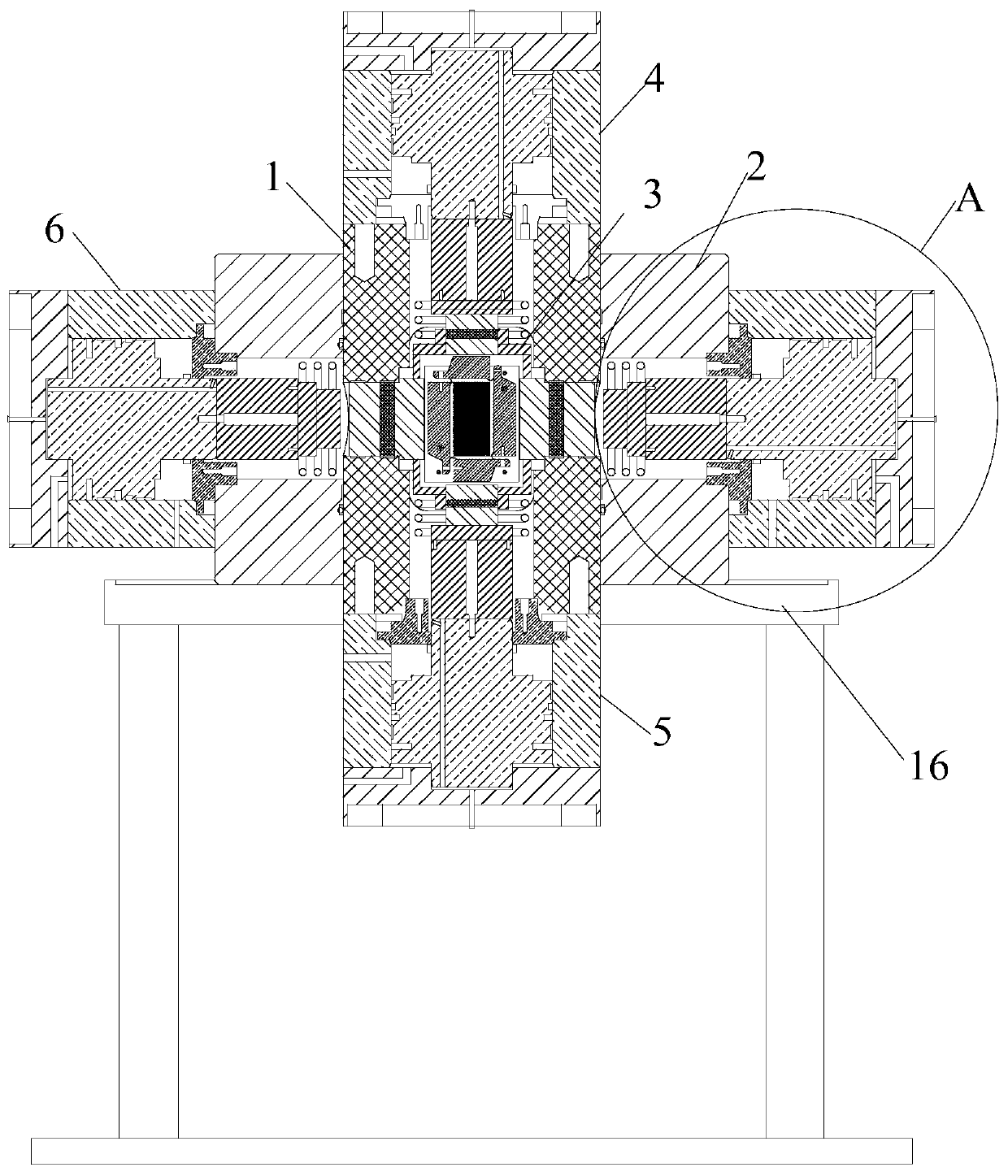 High-temperature high-stress true triaxial test device and method