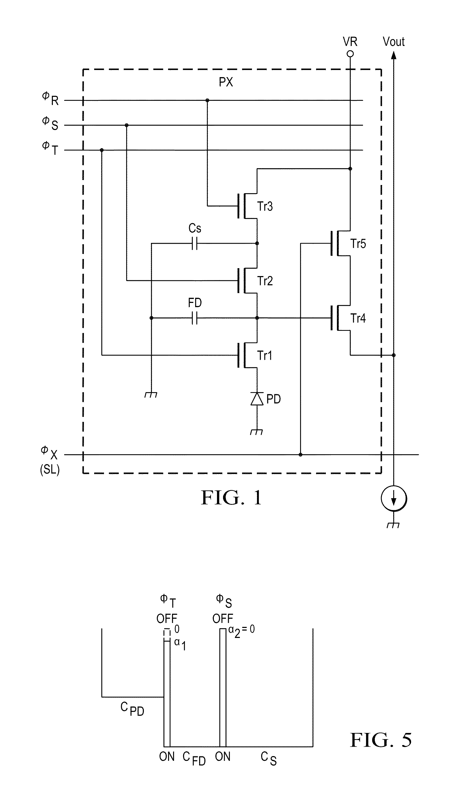 Image sensor five transistor pixel element with four control signals