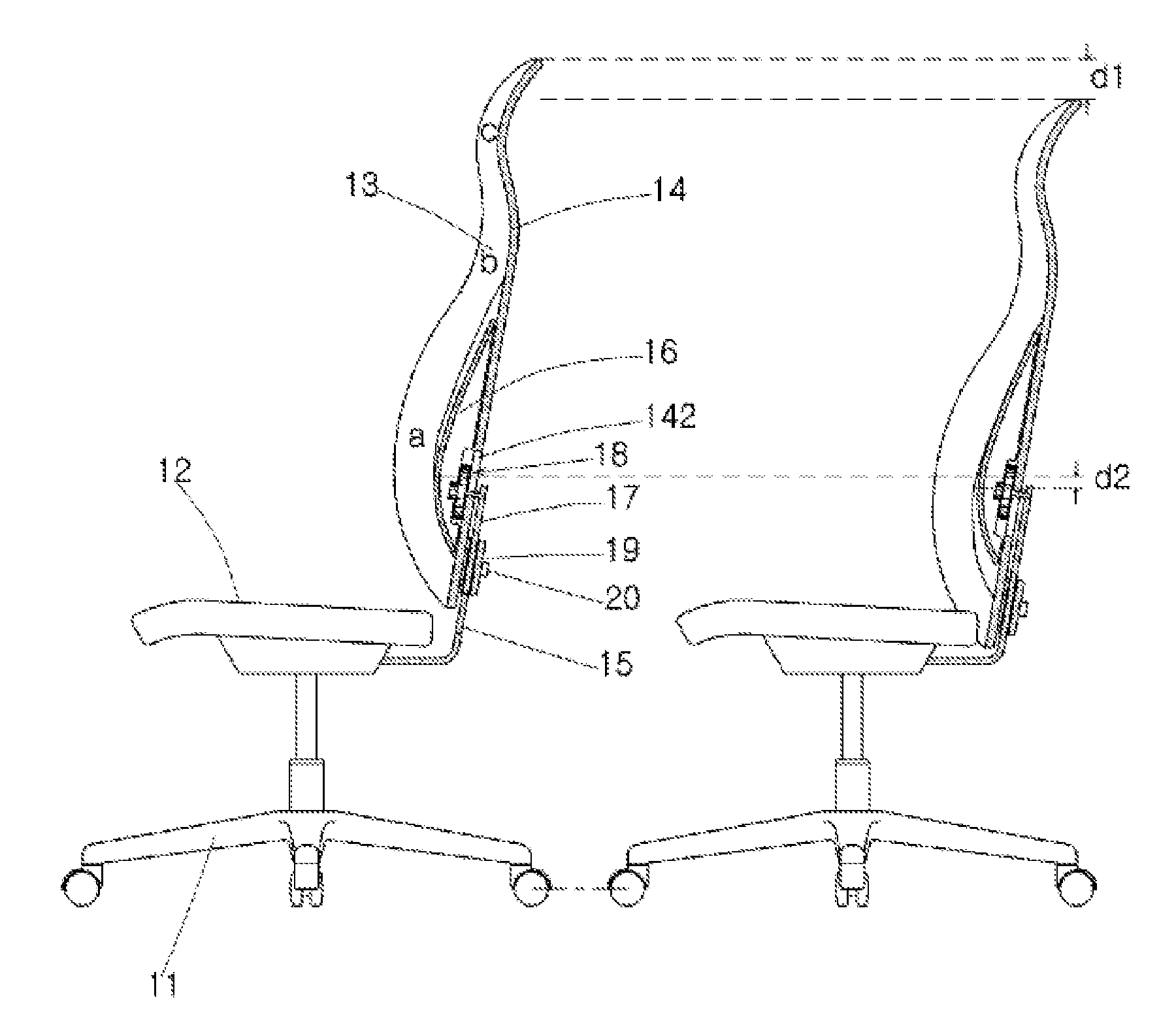 Chair having an adjustable backrest for spinal protection