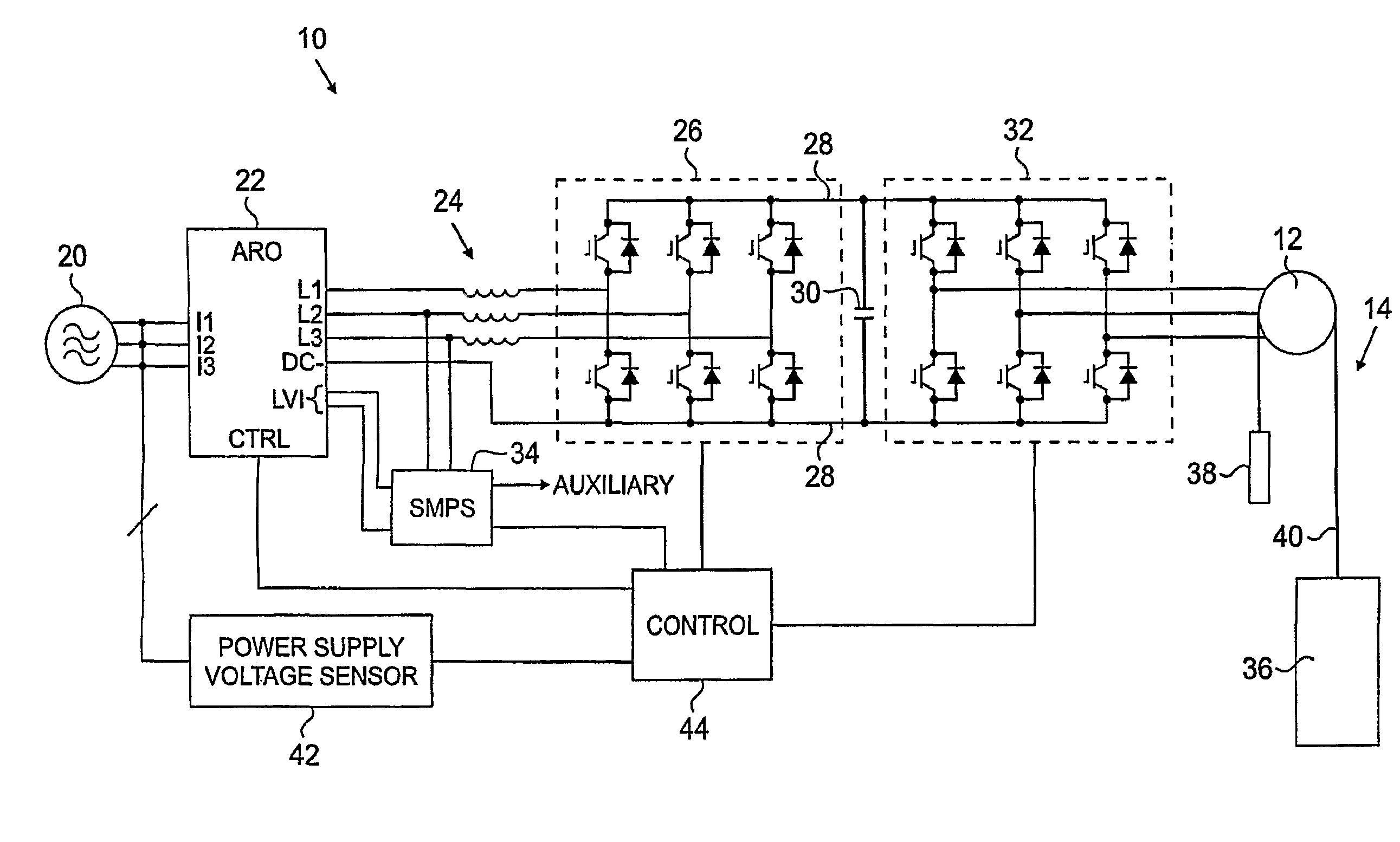 Elevator system including regenerative drive and rescue operation circuit for normal and power failure conditions