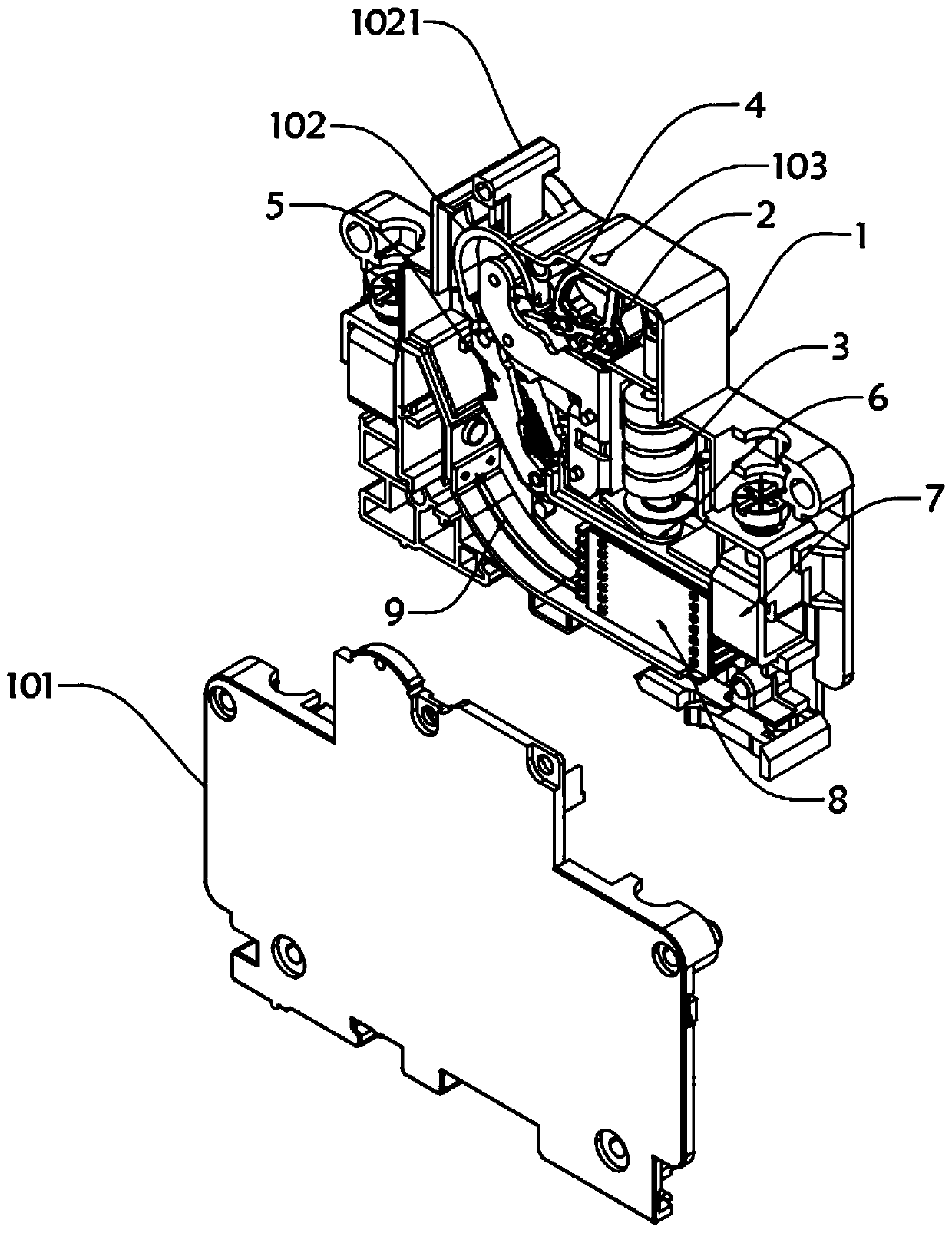 Circuit breaker with on-off and take-off three-color indication structure