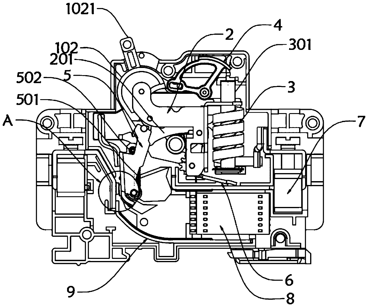 Circuit breaker with on-off and take-off three-color indication structure