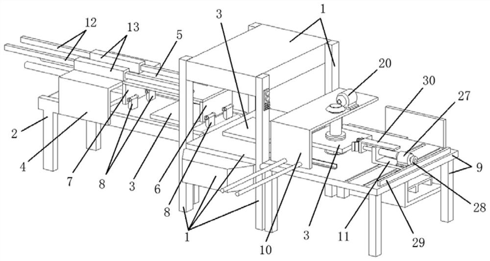 Scraping, stacking and transporting device of automatic double-laminated-board hot press