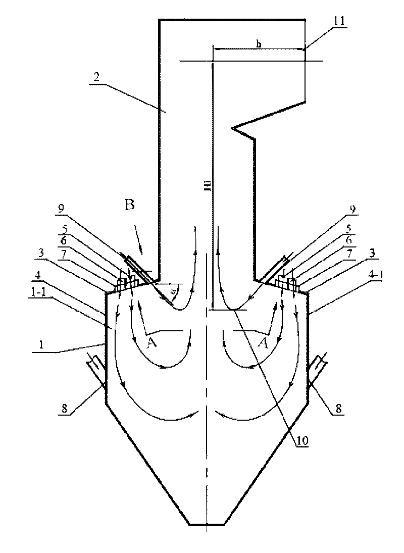 W-shaped flame boiler disposing aperture type over-fire air spouts on stove arch