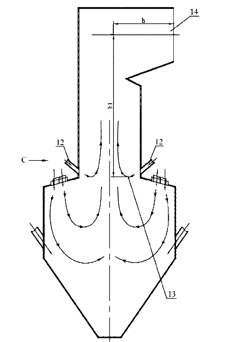 W-shaped flame boiler disposing aperture type over-fire air spouts on stove arch