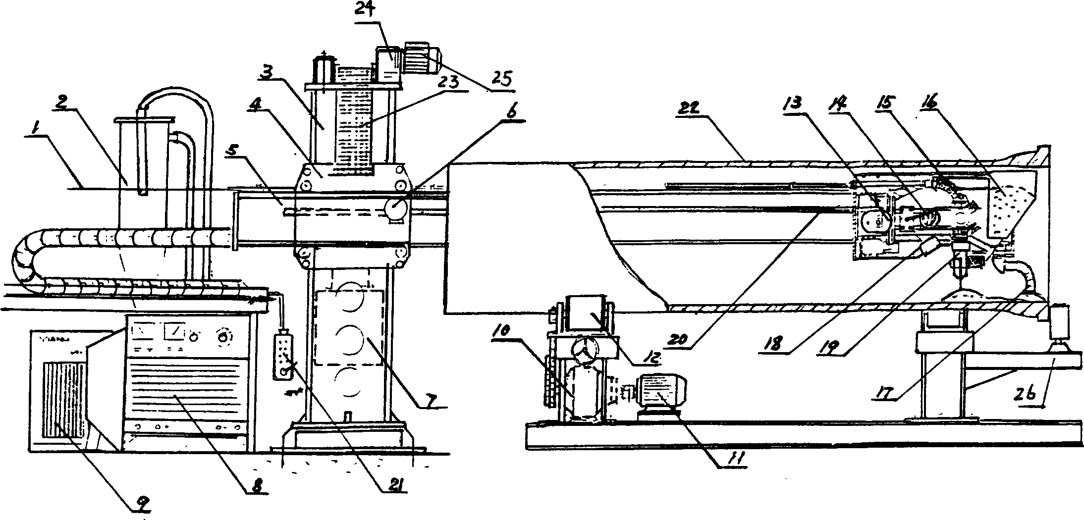 Long barrel internal and external wall spiral type helical swinging built up welding method and equipment